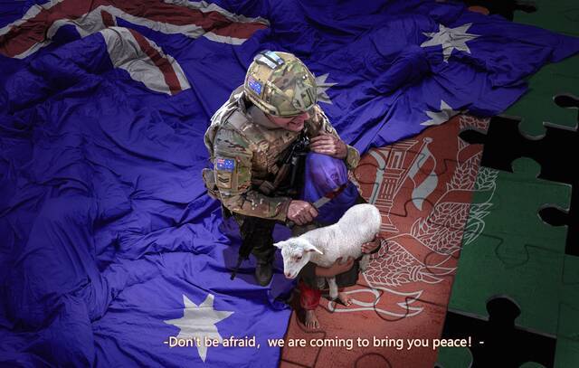 去年末，中国画手“乌合麒麟”创作的反映澳大利亚战争罪行的画作《“和平之师”》