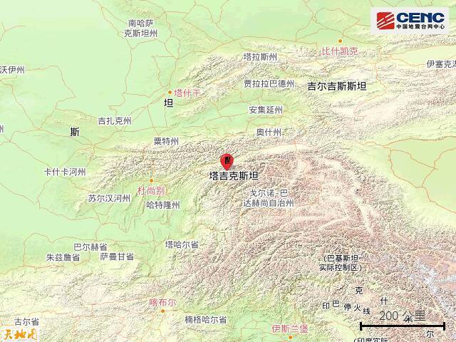 塔吉克斯坦发生6.4级地震，震中距我国边境线约208公里