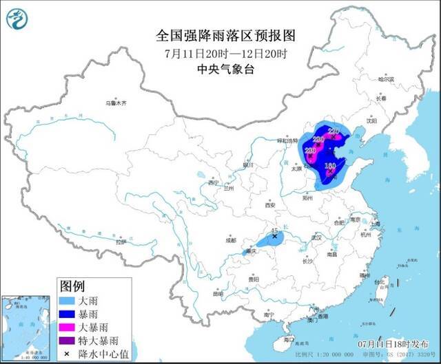 暴雨橙色预警发布 河北中部、北京西南部等局地有特大暴雨