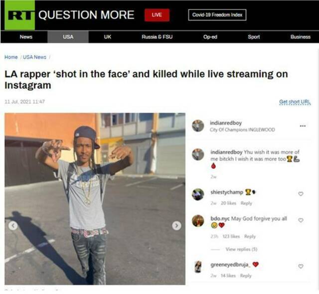 RT：洛杉矶说唱歌手在直播时“脸部中枪”被杀