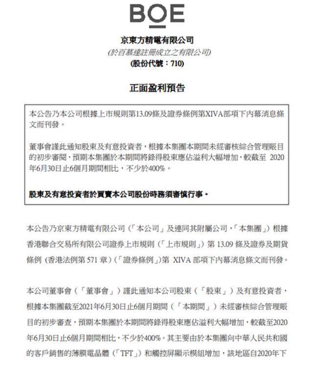 京东方精电：预计上半年股东应占溢利同比增长不少于400%