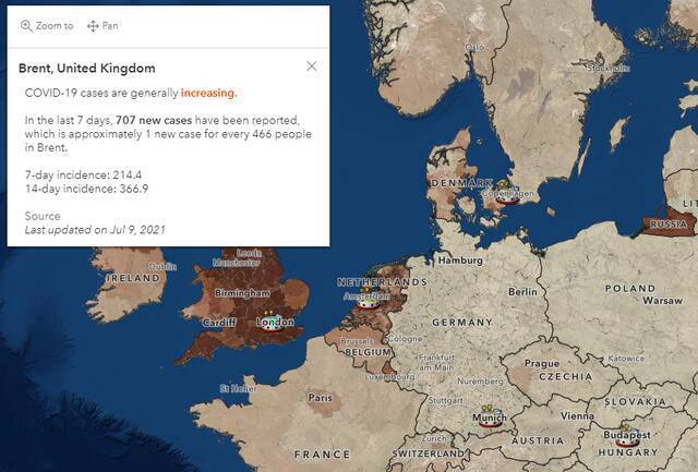 英国伦敦布伦特区，7月2日-9日新冠确诊呈上升趋势