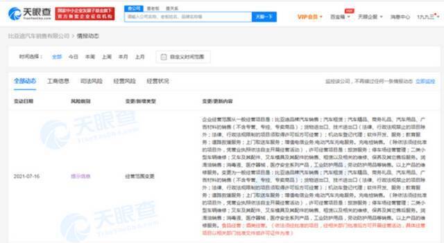 工商变更：比亚迪关联公司经营范围新增酒类经营