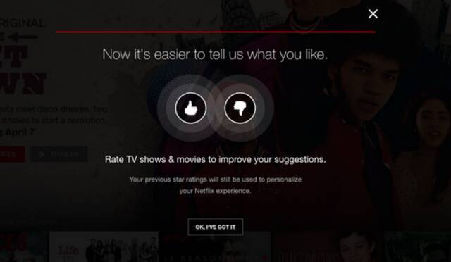 2017年，网飞公司Netflix用脸书Facebook的“赞/嘘”界面测试了它的五星评分系统。拇指评价系统让会员的品味输入量，翻了一番。