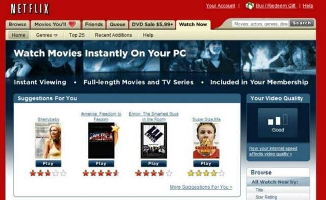 网飞公司Netflix于2007年推出流媒体服务。这是DVD邮寄服务的免费附件。2010年在加拿大推出了首个纯流媒体服务。
