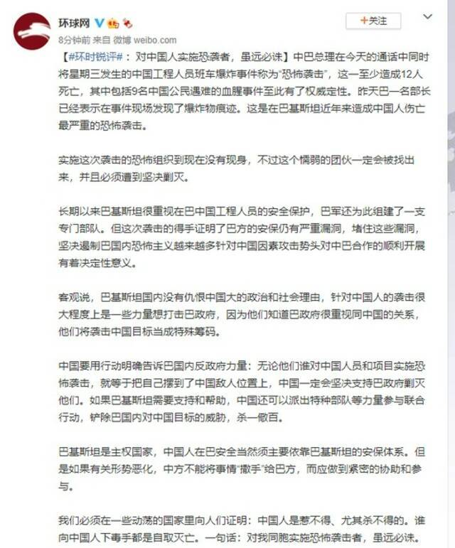 环时锐评 ：对中国人实施恐袭者，虽远必诛