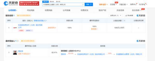 乐视成立企业管理公司 注册资本1000万