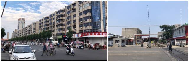 左图远处为位于漯河市双汇路上的双汇大厦，近处为双汇连锁超市；右图为双汇大厦对面的老厂大门，铁轨仍在运行，为老厂运输货物。