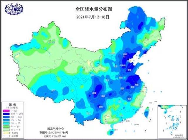 2021年7月12-18日全国降水量分布图