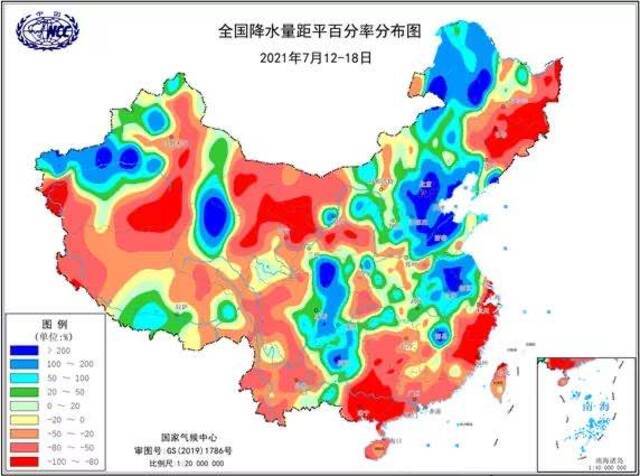 2021年7月12-18日全国降水量距平百分率分布图