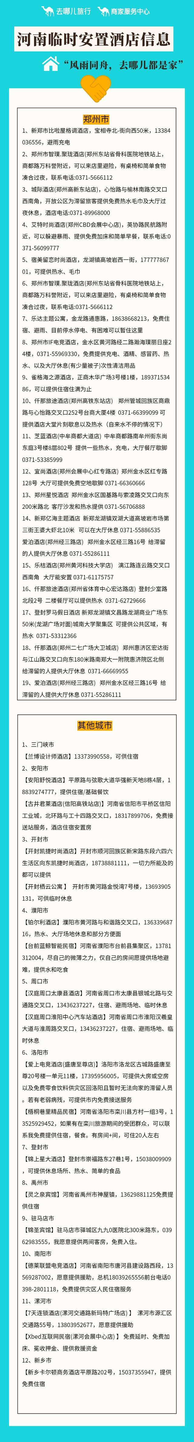 图/去哪儿公布的首批可开放公共区域接受受灾群众的酒店民宿名单