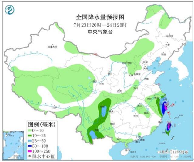 全国降水量预报图（7月23日20时-24日20时）