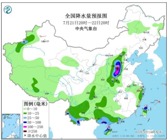 全国降水量预报图（7月21日20时-22日20时）