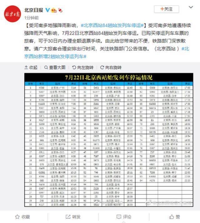 受河南多地强降雨影响 北京西站84趟始发列车停运