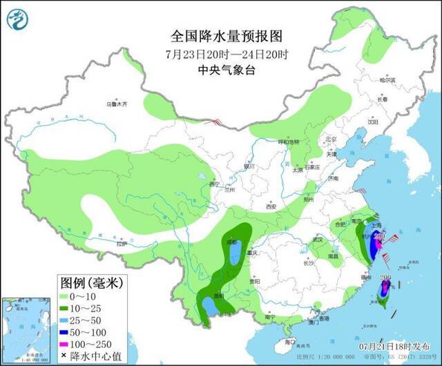 全国降水量预报图（7月23日20时-24日20时）