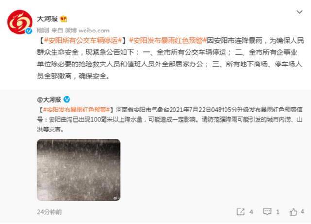 河南安阳发布暴雨红色预警 所有公交车辆停运