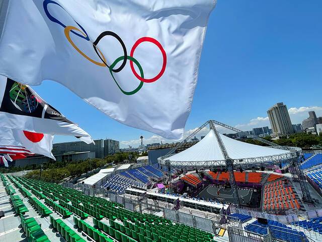 2021年7月22日，日本，2020东京奥运前瞻，三人篮球比赛场地奥米城市体育公园一览。视觉中国图