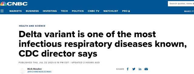美CDC主任：德尔塔毒株是目前已知最具传染性呼吸道病毒之一