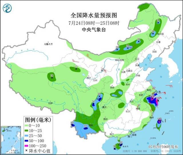 全国降水量预报图（7月24日08时-25日08时）。中央气象台供图