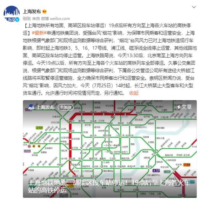 上海地铁所有地面、高架区段车站停运 19点后所有方向至上海各火车站的高铁停运