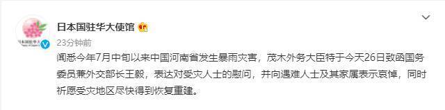 日本外相致函：对河南暴雨灾害遇难人士表示哀悼 祈愿受灾地区尽快恢复