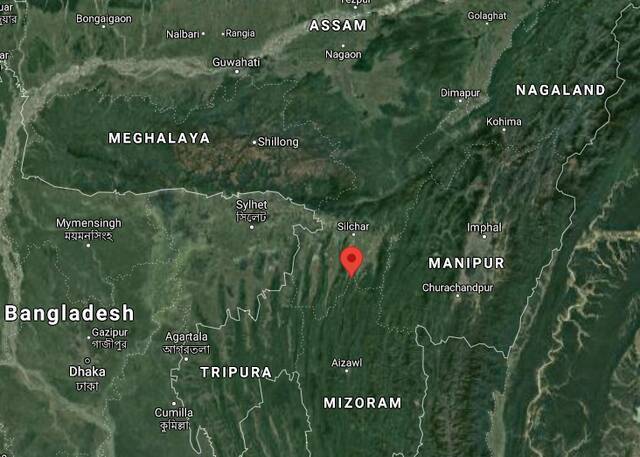 红点为此次冲突的爆发地瓦伊伦格泰，以北是阿萨姆邦，以南则是米佐拉姆邦。