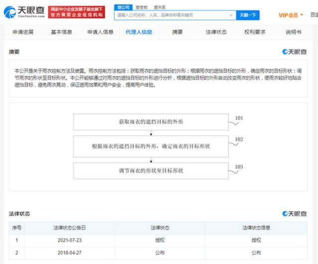 小米获雨衣控制变形专利授权 可根据遮挡目标改变雨衣形状