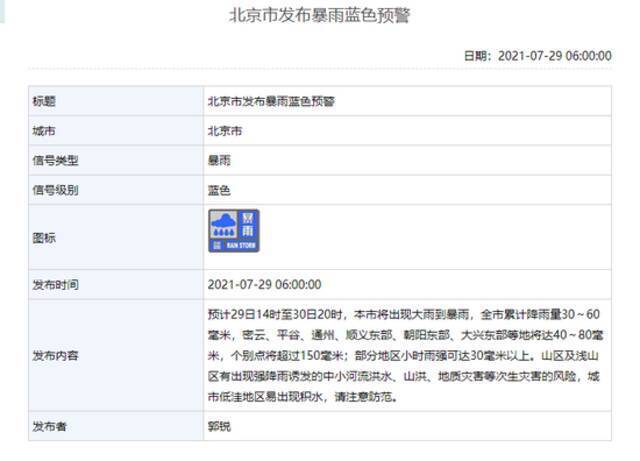 北京发布暴雨蓝色预警：29日14时起有大到暴雨