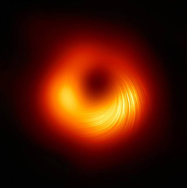 2021年 3月事件视界望远镜公布了 M87星系中心黑洞的偏振光影像，图中的条纹是光的偏振方向。资料来源│EHT Collaboration