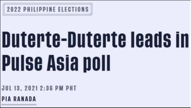 菲律宾拉普勒新闻网报道截图：民调显示，杜特尔特父女联手成为菲律宾领导人的可能很大