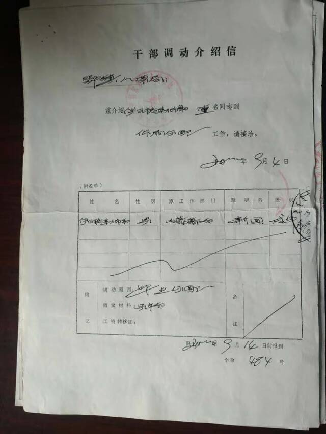 干部调动介绍信。