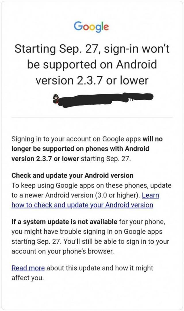 Google将不再允许用户用非常老的Android版本登录其服务