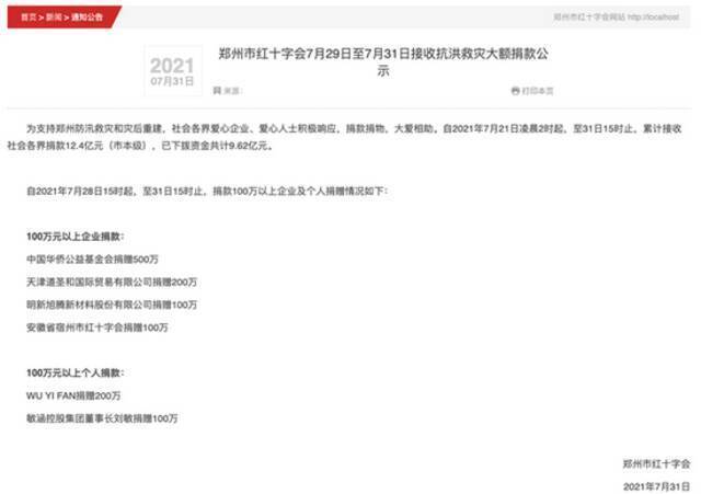 郑州市红十字会发布公示：WU YI FAN捐赠200万