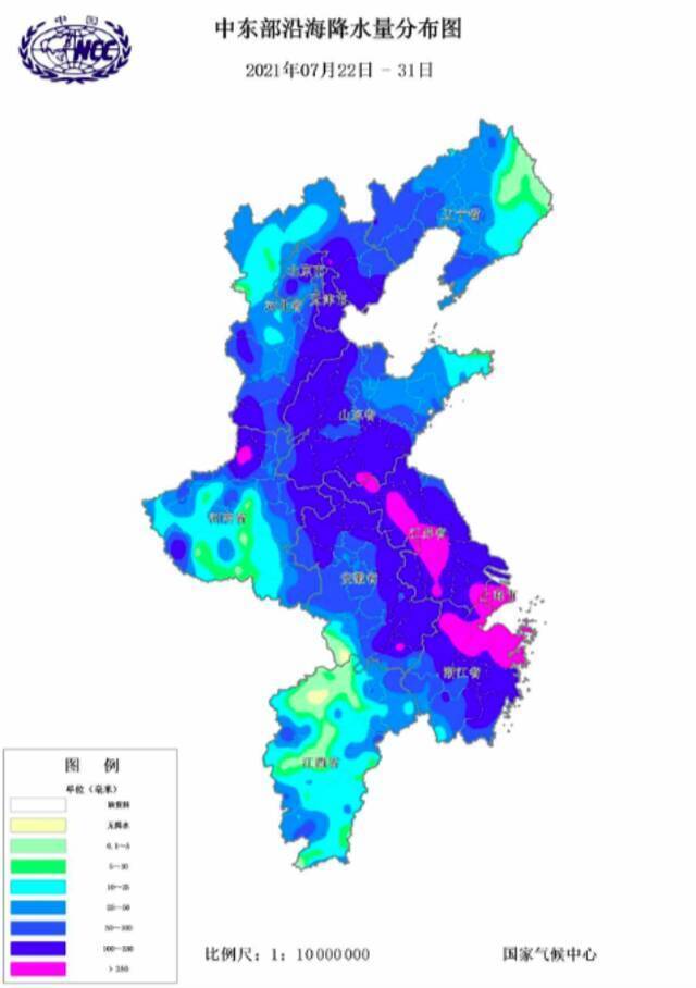 2021年7月22-31日我国中东部沿海地区累计降水量分布图