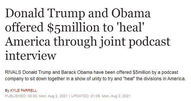有人筹500万美元促特朗普与奥巴马坐到一起 “治愈美国”！