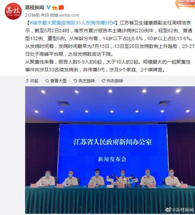 江苏通报：南京最大聚集疫情致33人发病、传播5代