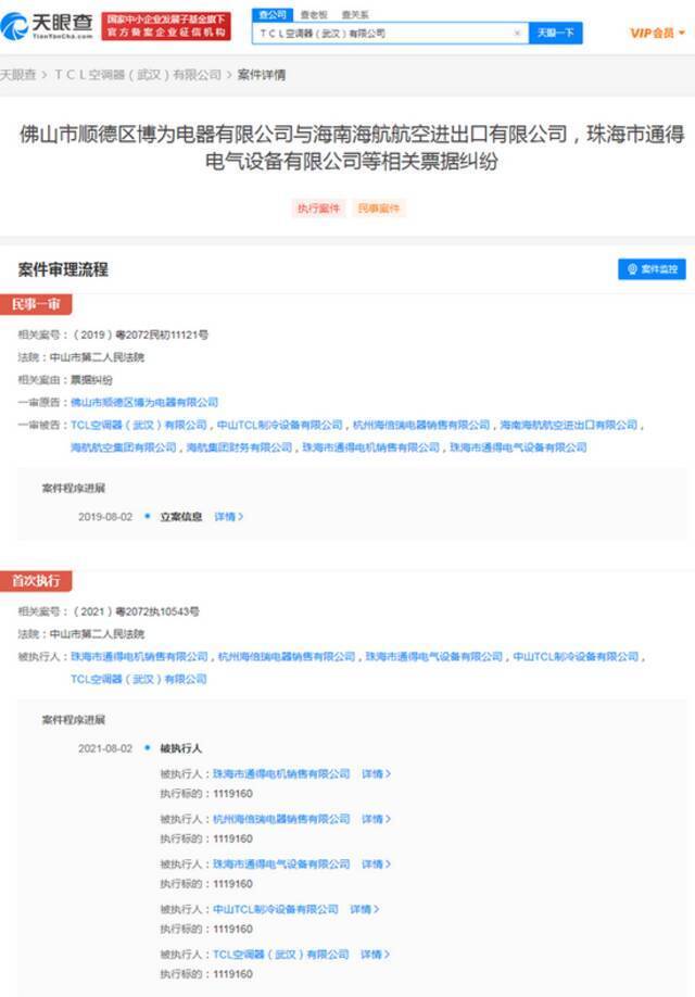 TCL关联公司被强制执行111万 已累计被执行767万