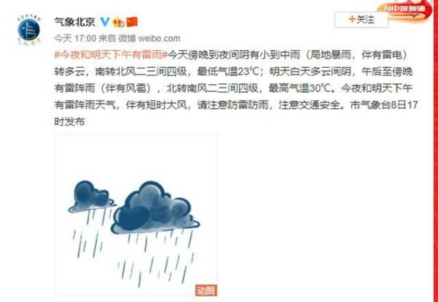 北京8日傍晚到夜间阴有小到中雨 局地暴雨伴有雷电