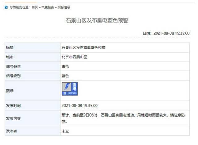 北京海淀、石景山等区发布雷电蓝色预警