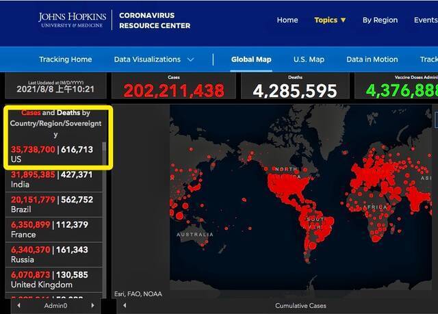 △美国约翰斯·霍普金斯大学实时统计数据截图
