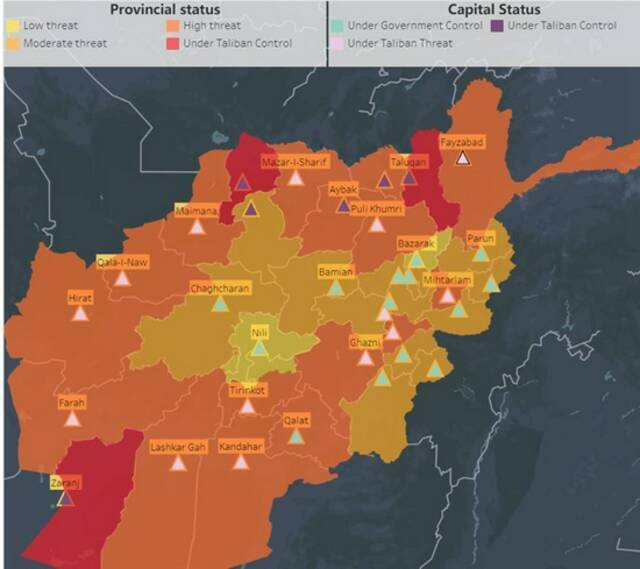 紫色为塔利班控制首府。图片来源：长期战争杂志