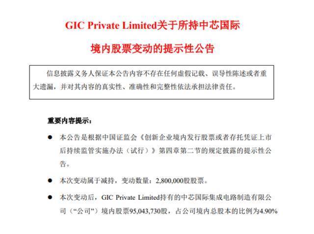 中芯国际：GIC Private Limited减持公司280万股股票