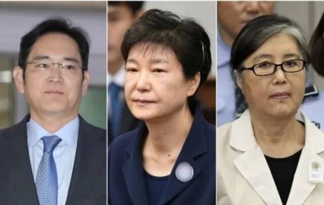 从左至右分别为李在镕、朴槿惠、崔顺实。