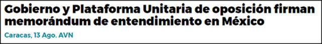 “委内瑞拉政府与反对派在墨西哥签署谅解备忘录”，委内瑞拉国家通讯社报道截图