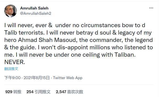 阿姆鲁拉·萨利赫（Amrullah Saleh）推特截图