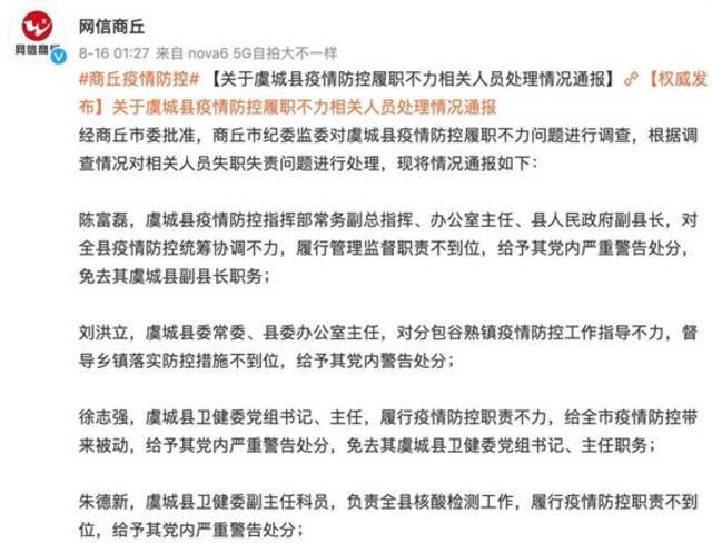 关于虞城县疫情防控履职不力相关人员处理情况通报