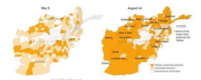 ↑自今年5月以来，阿富汗全国大部分地区迅速被塔利班占领。图据《纽约时报》