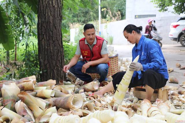 图为柳北区纪委监委驻留休村第一书记韦国思向村民宣传奖补政策。
