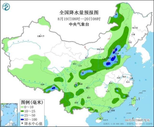 全国降水量预报图(8月19日08时-20日08时)