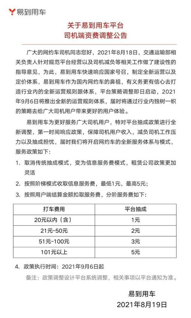 易到宣布取消传统抽成政策：按阶梯收取信息服务费 最低1元最高5元